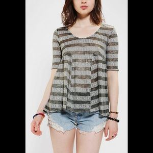 Burnout Lace Stripes Babydoll Top Shirt GREY XS